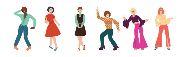 Fototapeta na wymiar Set of people from 80s. Man and woman dance disco in retro-styled fashion outfits of 1980s. Stylish characters in party clothes of eighties. Flat vector illustration isolated on white background