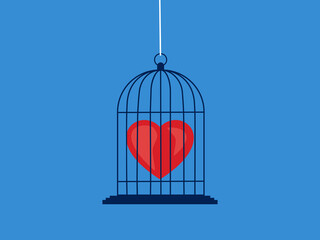 Fototapeta na wymiar Red hearts in cages. Emotional traps and hidden feelings. Secret unhappy love vector