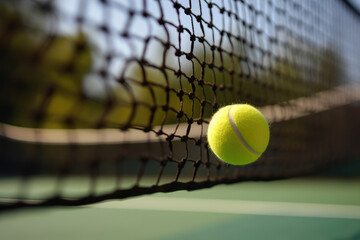 Tennis ball flying over court net created with AI