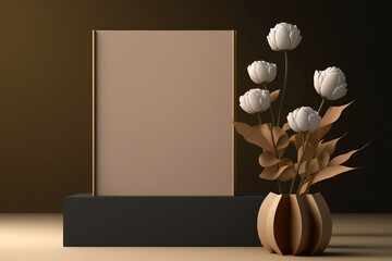 Blank sheet of paper whiteboard and white flowers mockup on dark background. Generative AI
