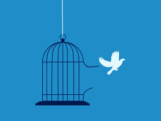 white bird escaped from the cage. Concept of freedom and getting out of comfort zone. vector illustration - obrazy, fototapety, plakaty