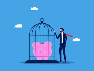 Lack of independence in savings and investments. Businessman locks a piggy bank in a cage. Business concept vector