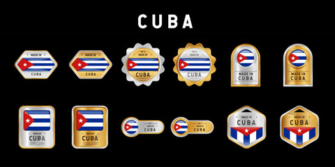 Made in Cuba Label, Stamp, Badge, or Logo. With The National Flag of Cuba. On platinum, gold, and silver colors. Premium and Luxury Emblem