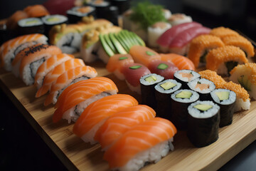 sushi on a wooden board , Generative AI