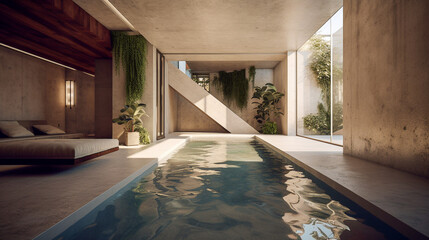 A comfortable modern concrete indoor pool - ai generative
