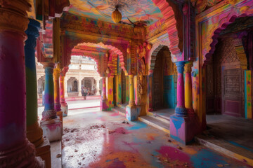 Fototapeta na wymiar Traditional Indian temple adorned with colorful Holi powder created with AI