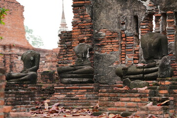 Ruins of old monks from the Ayutthaya period, which was the capital of Thailand in the past, but...