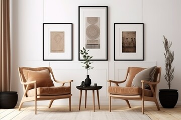 Living room design with empty frame mock-up | Mock-up frame in interior background,Empty living room with blue sofa, plants and table on empty white wall background, Generative AI