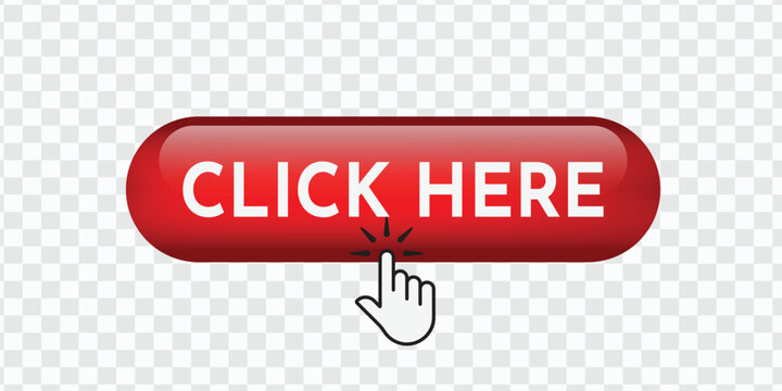 Realistic red "Click Here" button. 3D square icon for web design and interactive interfaces. Vector illustration.