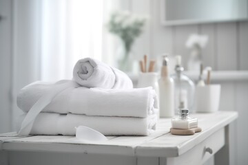 Roll of clean bath towel on white table, copy space | folded terry towels lie on clean white bed. Cleaning in guest room of hotel, cleanliness, laundry, Generative AI - obrazy, fototapety, plakaty