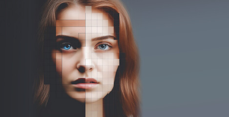 Human face analysis by artificial intelligence concept, banner with woman portrait made of digital square. Generative AI