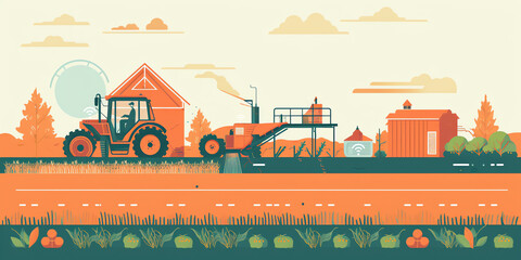 Automated Harvesting: A futuristic flat-style illustration of a robotic harvester with mechanical arms and sensors, collecting crops in a farm setting. Generative AI.