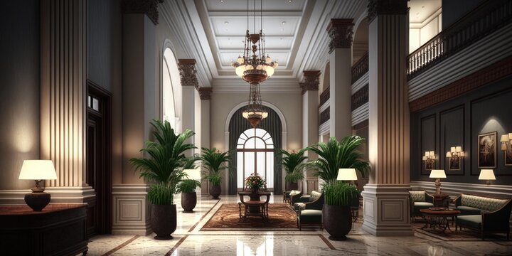 Large reception area lobby of a luxury hotel design. superlative generative AI image.