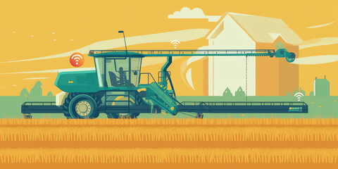 Automated Harvesting: A futuristic flat-style illustration of a robotic harvester with mechanical arms and sensors, collecting crops in a farm setting. Generative AI.