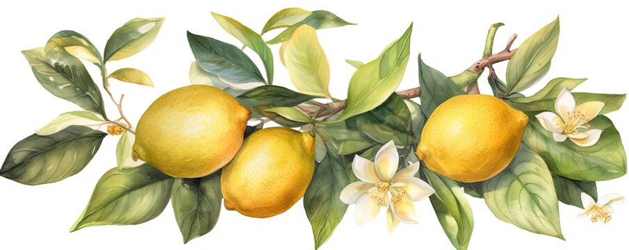 Vibrant Lemon Bough  Watercolor Illustration of Fruit and Leaves, Generative AI