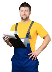 Young man worker with  clipboard