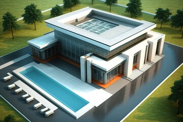 3d Rendering contemporary house with pool, generative AI