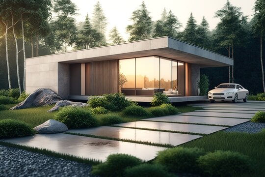 3d rendering of new concrete house , generative AI
