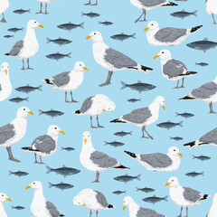 Seamless pattern with sea gulls and fish. Realistic vector birds in print