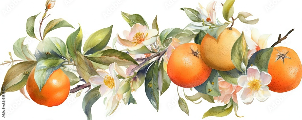 Wall mural Vibrant Orange Branch Watercolor Illustration on White Background, Generative AI