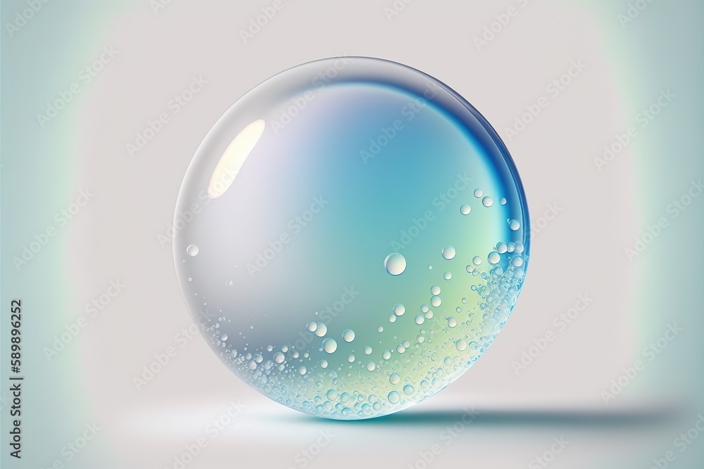Poster closeup macro iridescent clear and transparent round water sphere with air bubbles inside on white i