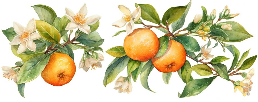 Citrus Tree Watercolor Illustration with Oranges  Leaves and Blossoms, Generative AI