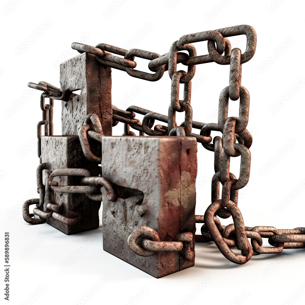 Poster a mysterious and captivating image of a series of interlocked chains and blocks is displayed - gener