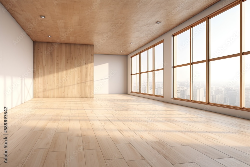 Poster an empty room with wooden flooring and large windows. generative ai