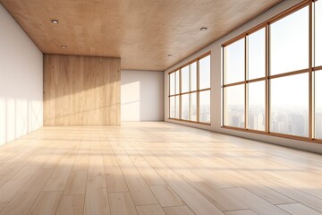 an empty room with wooden flooring and large windows. Generative AI