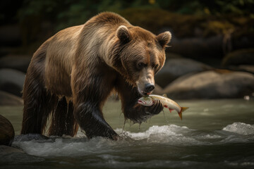 Obraz na płótnie Canvas Bear catching salmon in the river created with AI