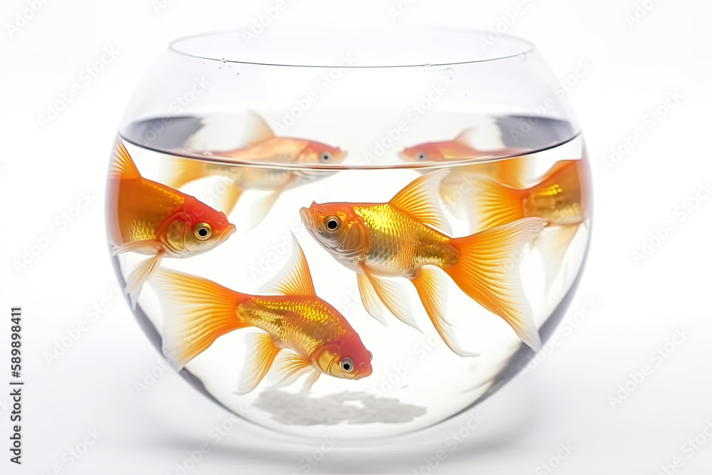 Wall mural Goldfish group in a bowl on a white background. Generative AI