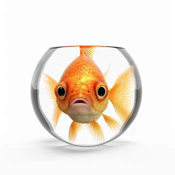 Goldfish Staring With Big Eyes In A Round Glass Fishbowl On A White Background. Generative AI