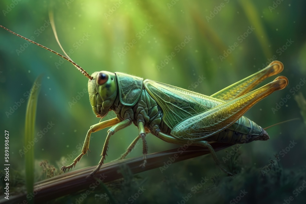 Poster grasshopper perched on a branch in a natural setting. generative ai