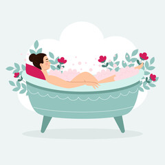 Beautiful brunette woman in bathtub with pink foam. Relaxation, spa, body care. Vector illustration in cartoon flat style.