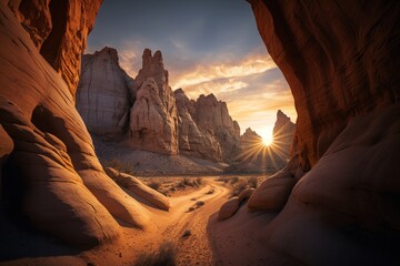 Naklejka na ściany i meble majestic landscape of a remote desert canyon at sunrise with a wide-angle lens sun peeking over rocks created with Generative AI technology