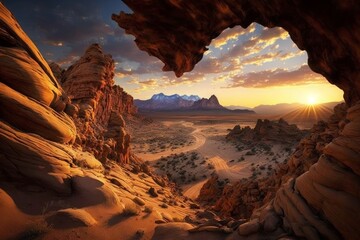 majestic landscape of a remote desert canyon at sunrise with a wide-angle lens dirt roads. created with Generative AI technology