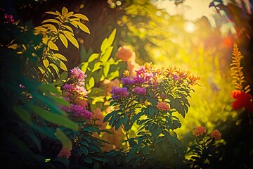 vibrant summer garden with blooming flowers and lush foliage purple created with Generative AI technology