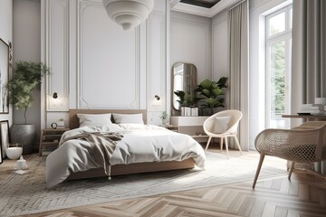 Luxury bedroom in light colours with golden furniture details. Big comfortable double royal bed in elegant classic interior, Generative AI
