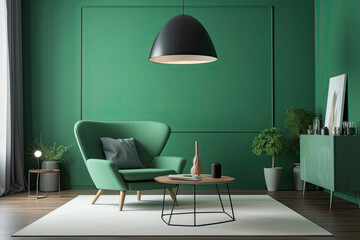 Background green living room wall with poster style lamp, grey accent chair, and central table, generative AI