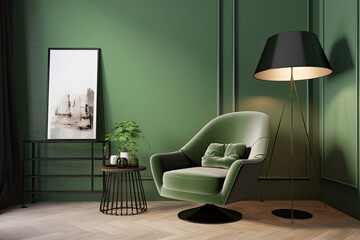 Background green living room wall with poster style lamp, grey accent chair, and central table, generative AI