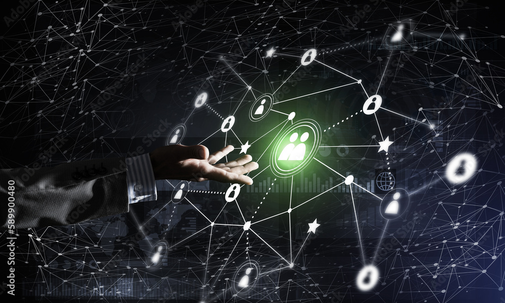 Poster presenting modern wireless technologies as means of communucation and networking on dark background