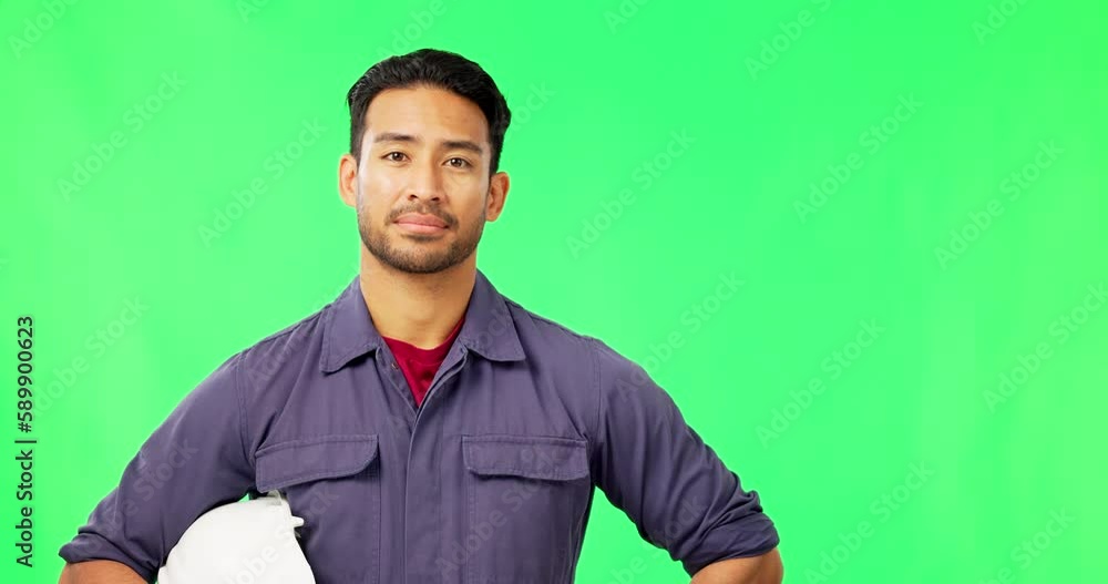 Canvas Prints Mockup, face and Asian man in engineering on a green screen isolated on a studio background. Serious, construction and a portrait of a worker in architecture, home renovation or industrial safety