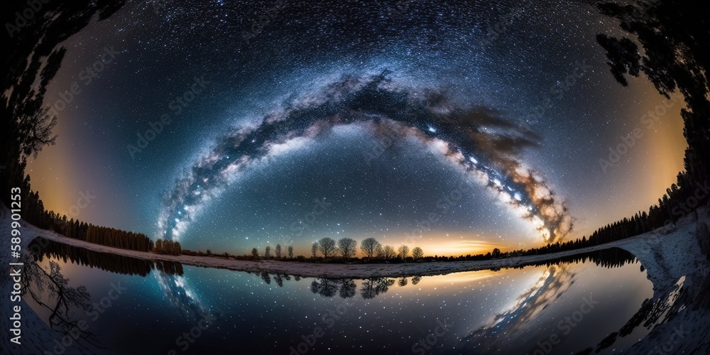 Poster a place where the stars of the milky way may be seen. using a lengthy shutter speed to capture a pan
