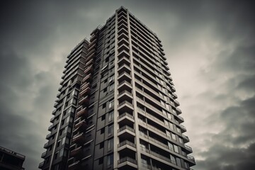 Fototapeta premium tall building with balconies under cloudy skies. Generative AI
