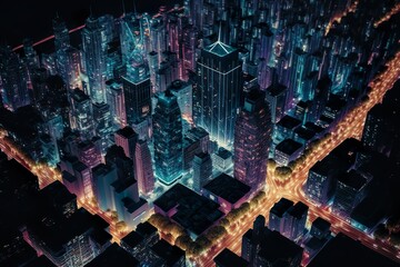 Vibrant Night Skyline: A High-Flying View of Urban Life