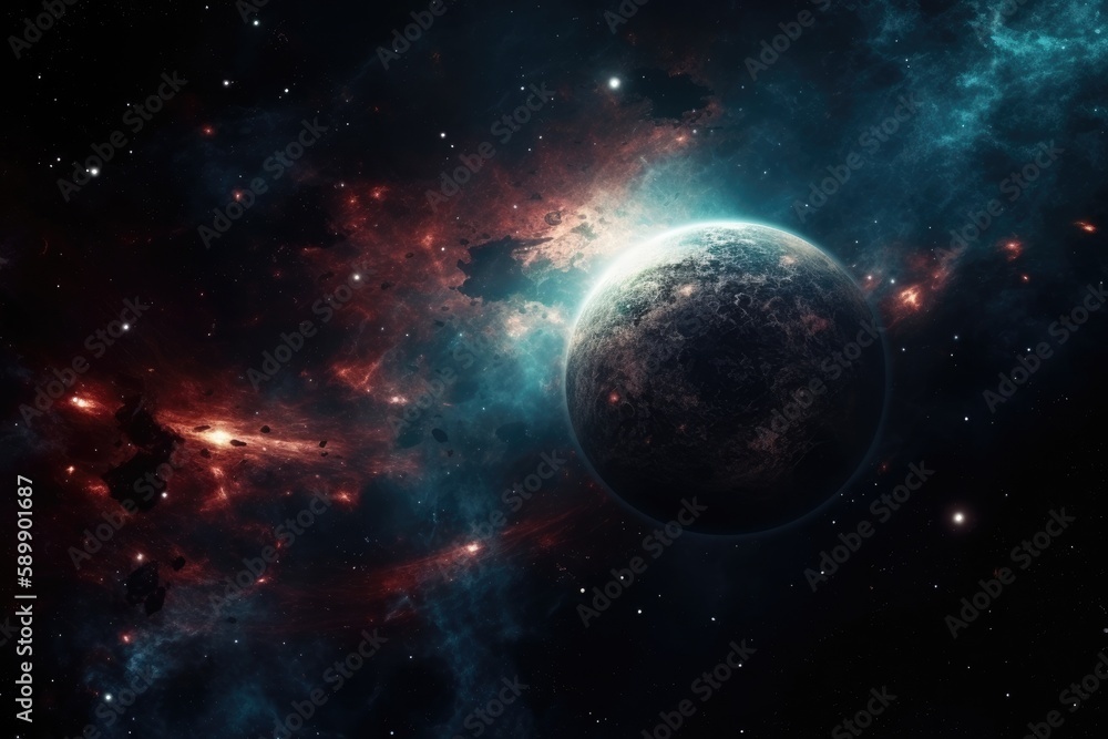 Aufkleber planet in the foreground of a colorful space scene. generative ai