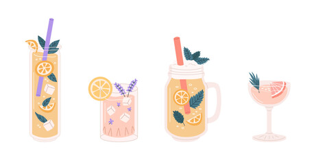 Glasses with cocktails and lemonades
