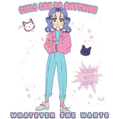 Anime Girl illustration with  slogan. Vector graphic design for t-shirt. girl power drawing.