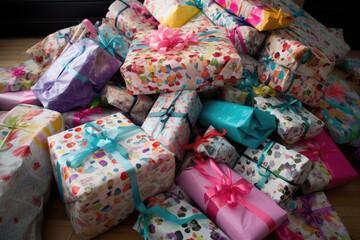 Pile of wrapped birthday presents created with AI