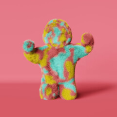 Strong colorful furry Yeti 3d rendering cartoon character with rised hands muscles pink background. Powerful plush hairy faceless bigfoot. Modern creative poster design Contemporary advertising banner